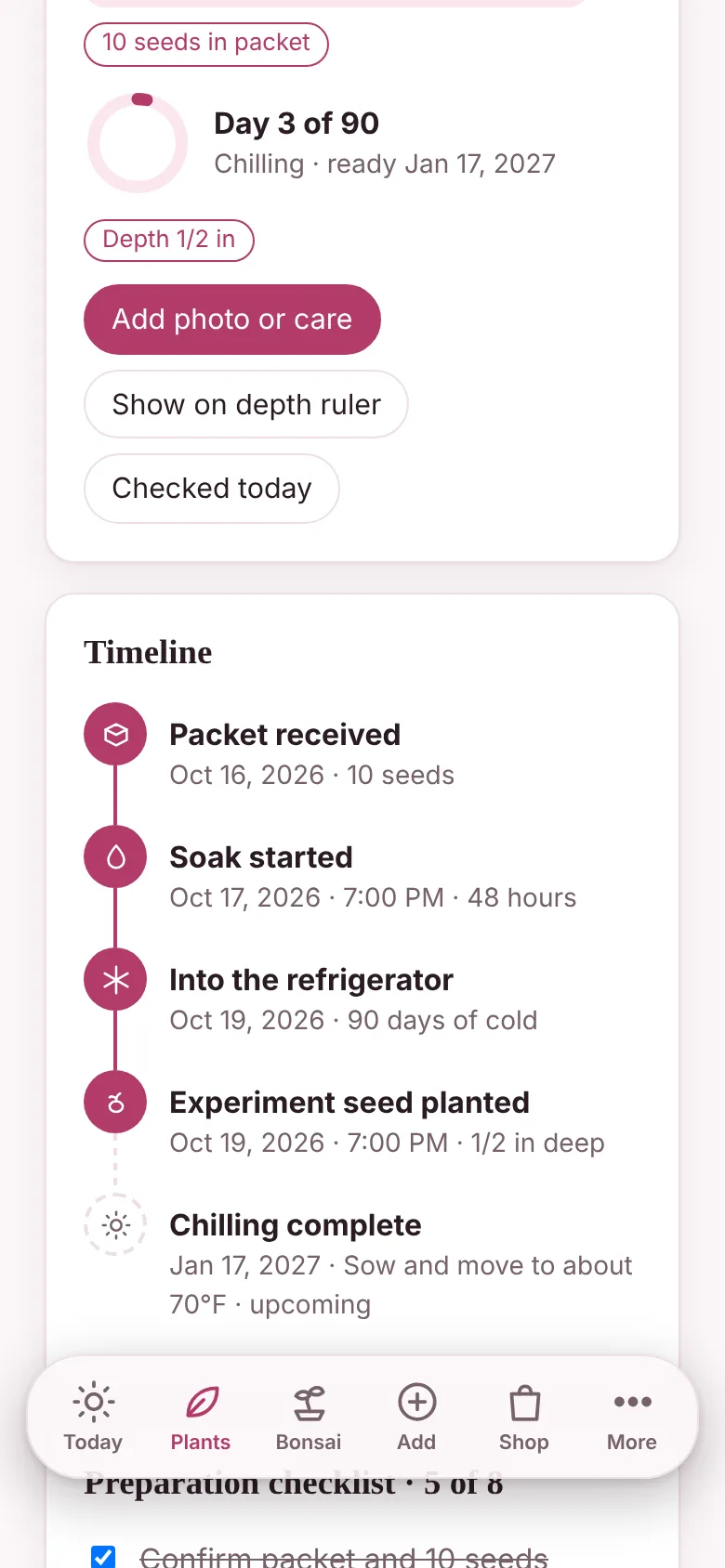 A Japanese Cherry record with its chilling ring at day 3 of 90 and a timeline from packet to fridge